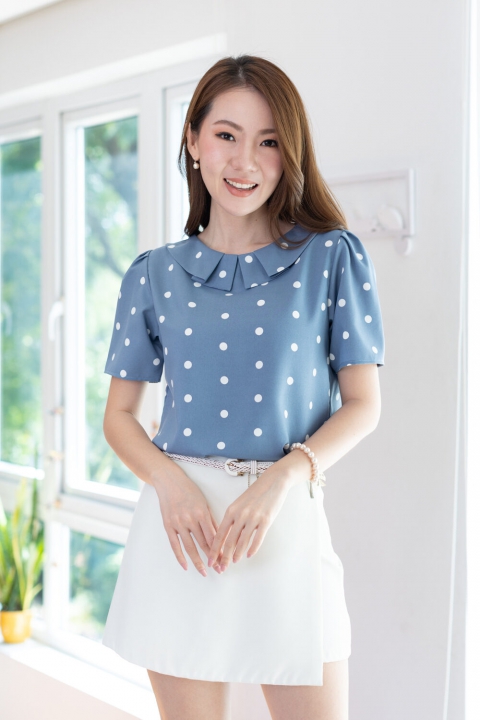 NT2387 Folded Collar Polka Dot Blouse Blue Narinarishop