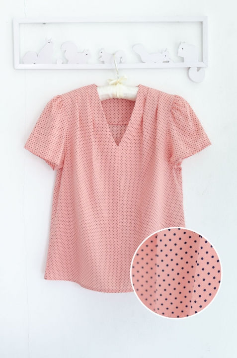 Mt V Collar Polka Dot Blouse Pink Narinarishop